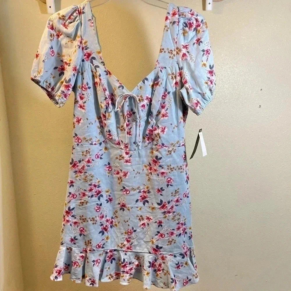 City Triangles Blue Floral Linen Blend Puff Sleeve Mini Dress Junior Sz XXL NWOT